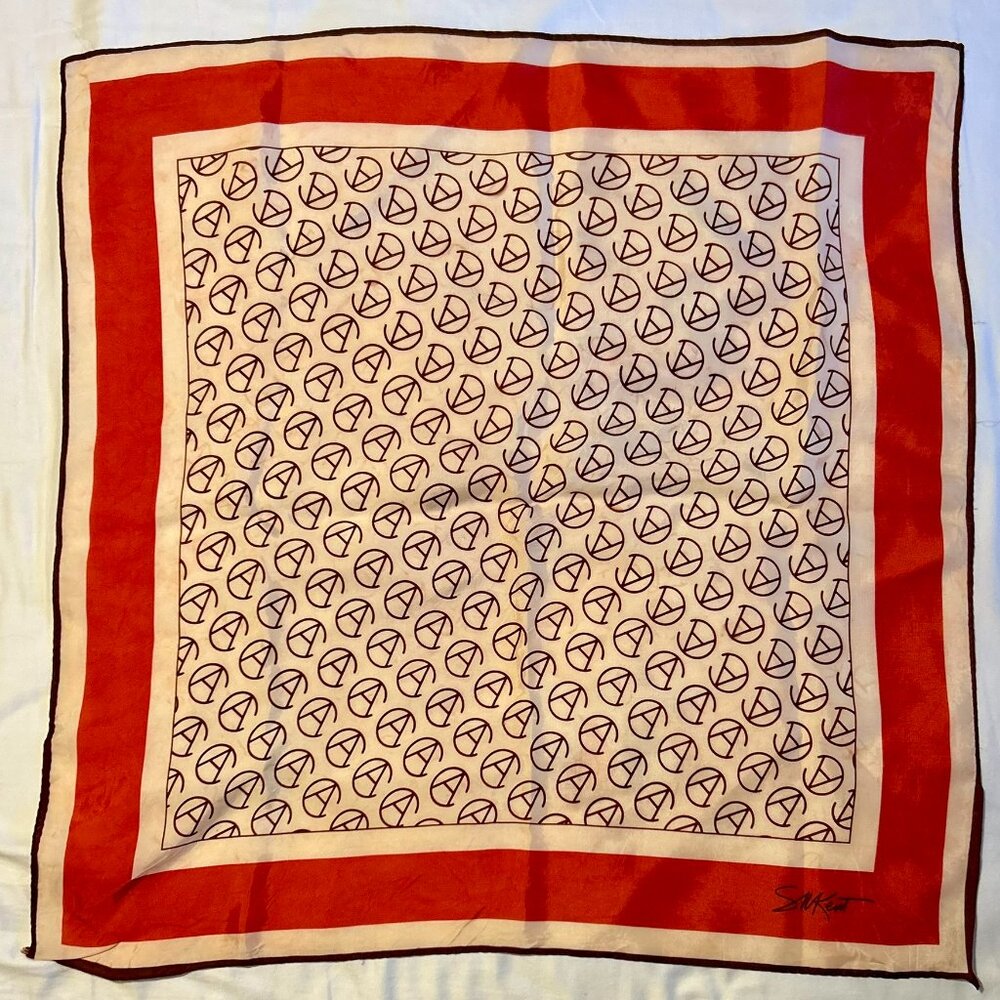 SM KENT Avon President's Club Scarf | Ivory Brown Red Acetate Wrap | Vintage 70s